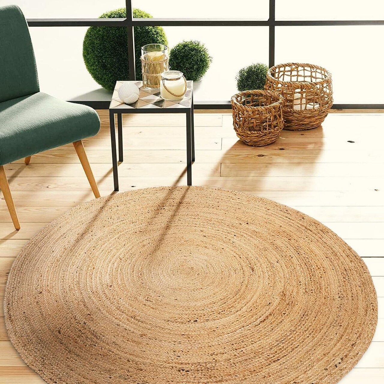 Edge Collections - 5' - Natural - Handwoven Natural Jute Round Rug for Rustic Home Decor - 1 Piece